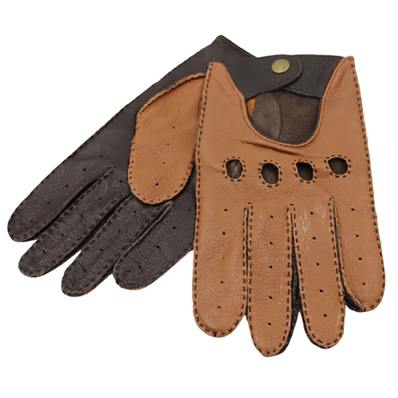 Men's motorcycle riding gloves in black and brown genuine leather, featuring full fingers and stylish perforations.