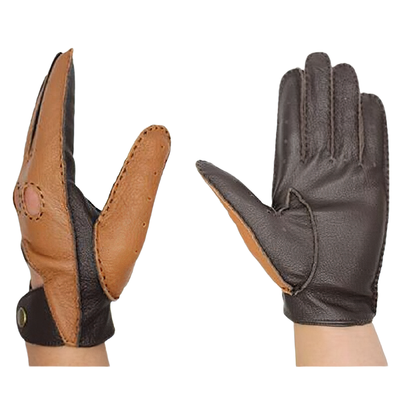Men's classic motorcycle riding gloves in black and brown leather, perfect for bikers with full finger coverage.
