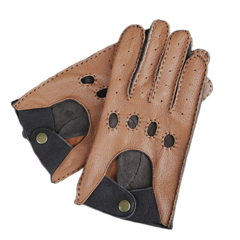 Men's classic leather motorcycle gloves in brown with full fingers and stylish perforations, perfect for riding.