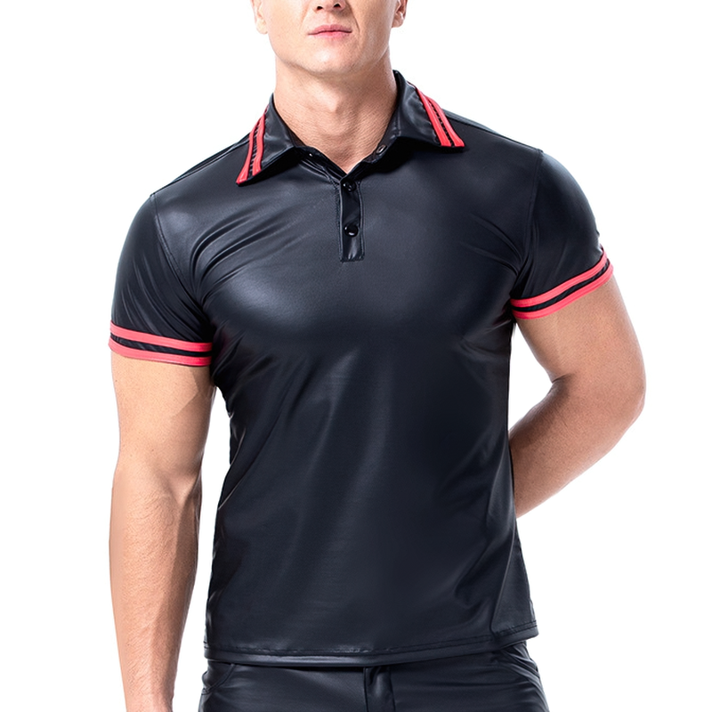 Men's summer polo t-shirt in premium PU leather with stylish red accents for a casual, trendy look.