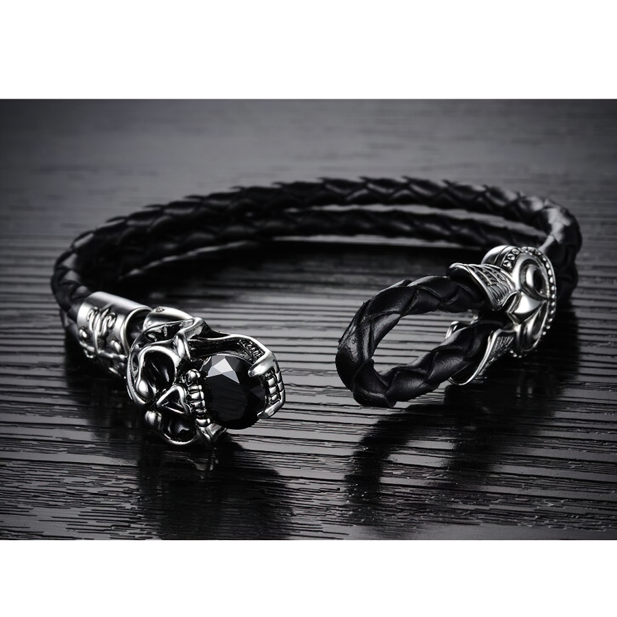 Men's Pu Leather Black Bracelet / Skull Charm Bracelets / Vintage Stainless Steel Accessories - HARD'N'HEAVY