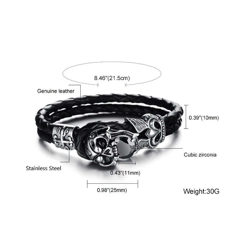 Men's black PU leather bracelet with stainless steel skull charm and cubic zirconia, perfect for gothic style.