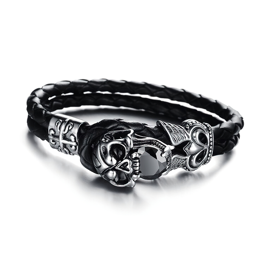 Men's black PU leather bracelet with skull charm and black stone, perfect for gothic style outfits.