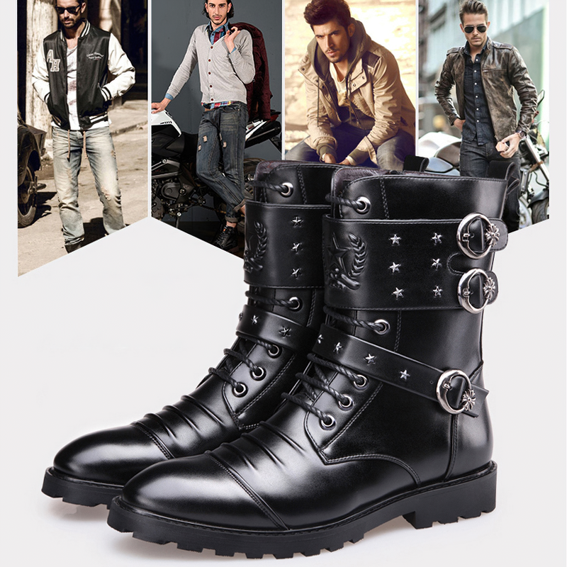 Men's PU Leather Motorcycle Black Combat Boots / Goth Shoes / Footwear for Rocker - HARD'N'HEAVY