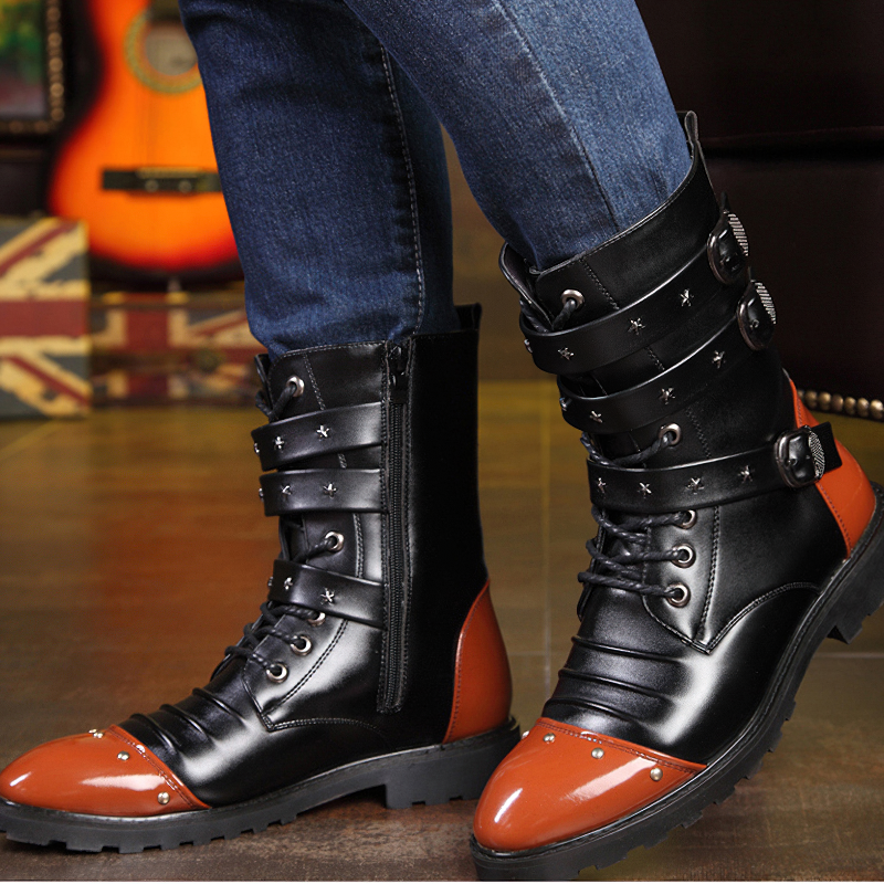 Men's PU Leather Motorcycle Black Combat Boots / Goth Shoes / Footwear for Rocker - HARD'N'HEAVY