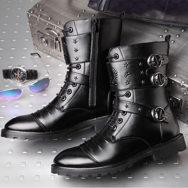 Men's PU Leather Motorcycle Black Combat Boots / Goth Shoes / Footwear for Rocker - HARD'N'HEAVY