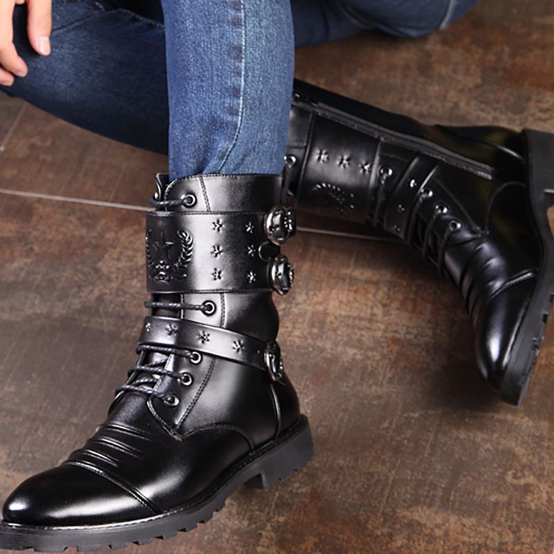 Men's PU Leather Motorcycle Black Combat Boots / Goth Shoes / Footwear for Rocker - HARD'N'HEAVY