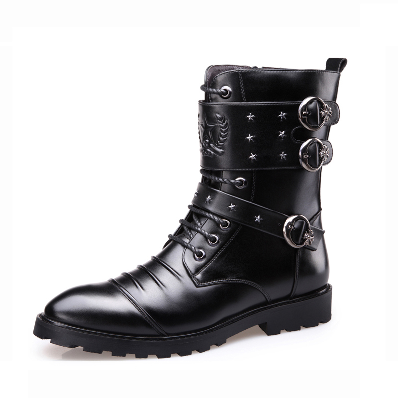 Men's PU Leather Motorcycle Black Combat Boots / Goth Shoes / Footwear for Rocker - HARD'N'HEAVY