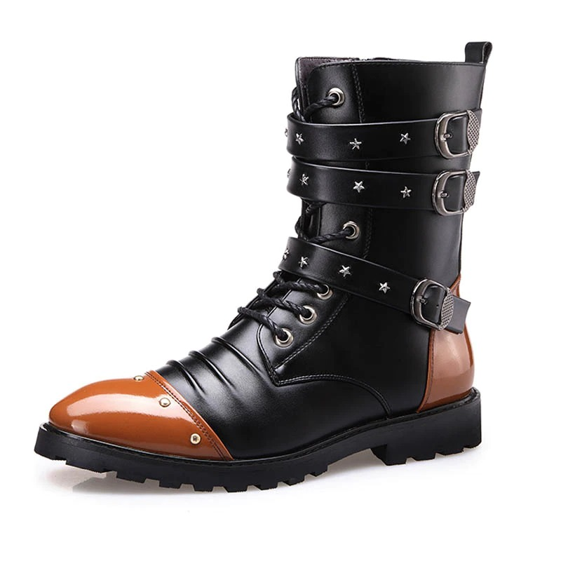Men's PU Leather Motorcycle Black Combat Boots / Goth Shoes / Footwear for Rocker - HARD'N'HEAVY