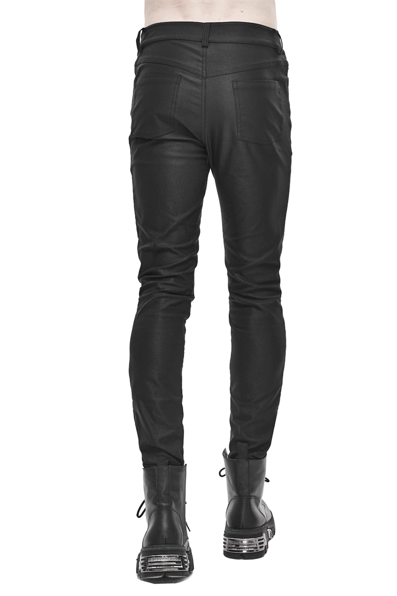 Men's black skinny trousers with spliced stripes, shown from the back, perfect for cyberpunk style.