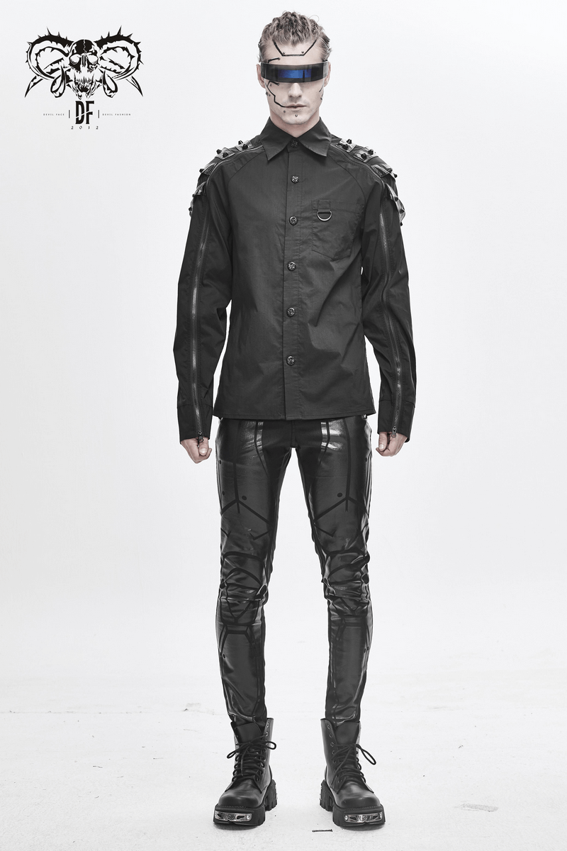 Stylish male model in cyberpunk black attire featuring spliced stripes and futuristic design.