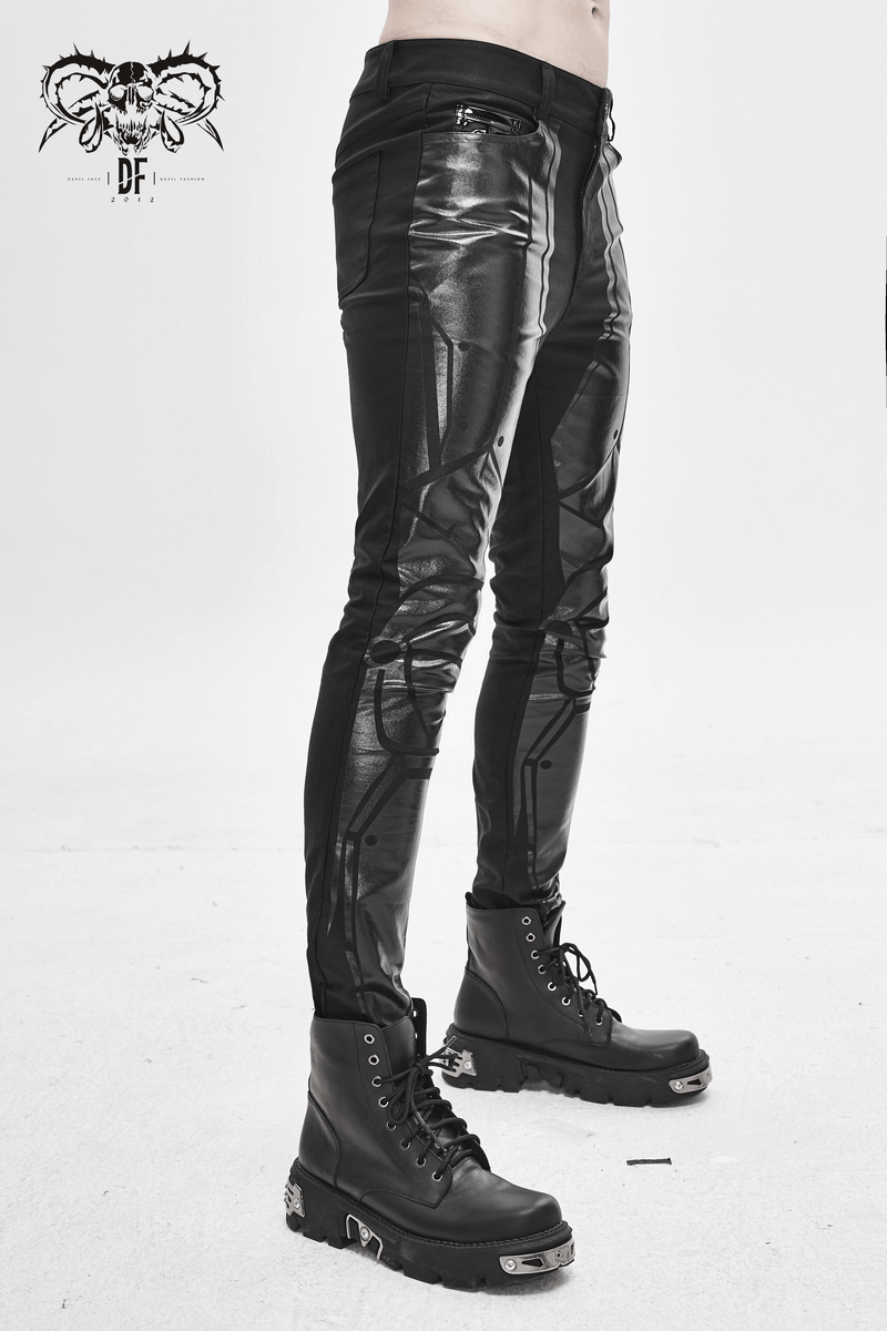 Stylish men's black skinny trousers with spliced stripes, perfect for cyberpunk fashion lovers.