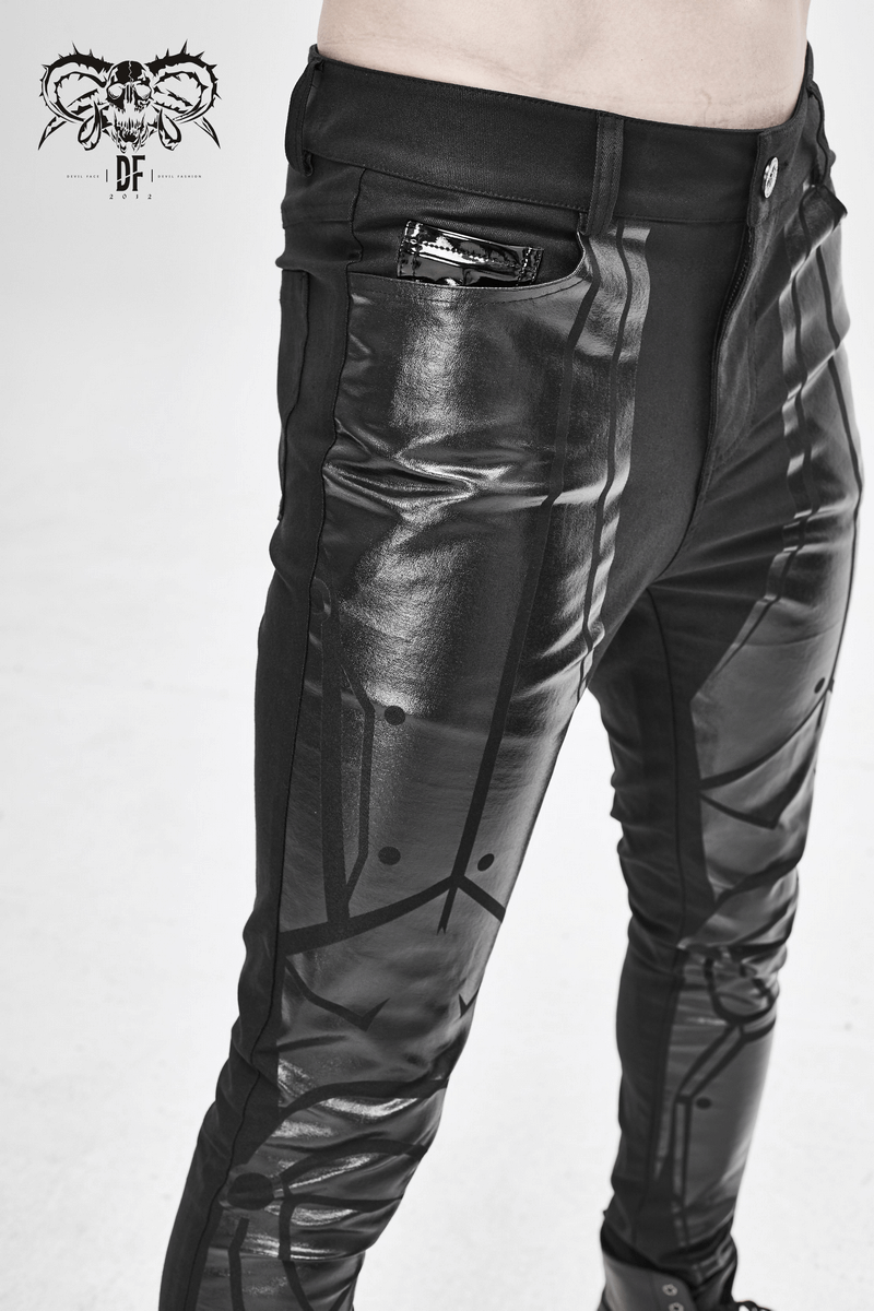 Men's cyberpunk skinny trousers with spliced stripes, featuring a sleek black design, perfect for edgy casual wear.