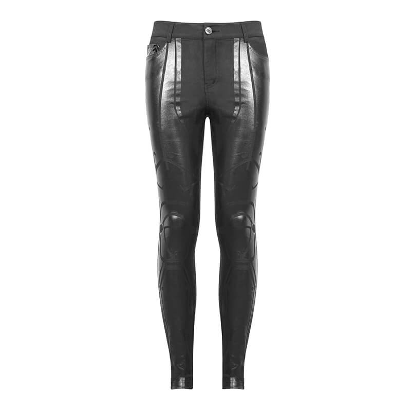 Men's cyberpunk skinny trousers in black with stylish spliced stripes and a form-fitting cut.
