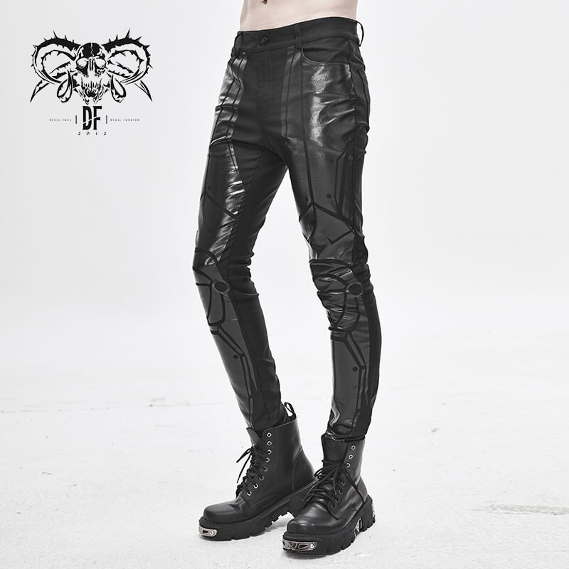 Men's PU Spliced Stripes Skinny Trousers / Casual Male Black Pants in Cyberpunk Style - HARD'N'HEAVY