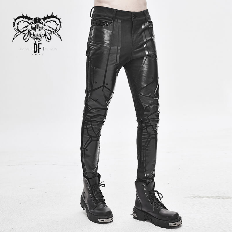 Men's PU Spliced Stripes Skinny Trousers / Casual Male Black Pants in Cyberpunk Style - HARD'N'HEAVY