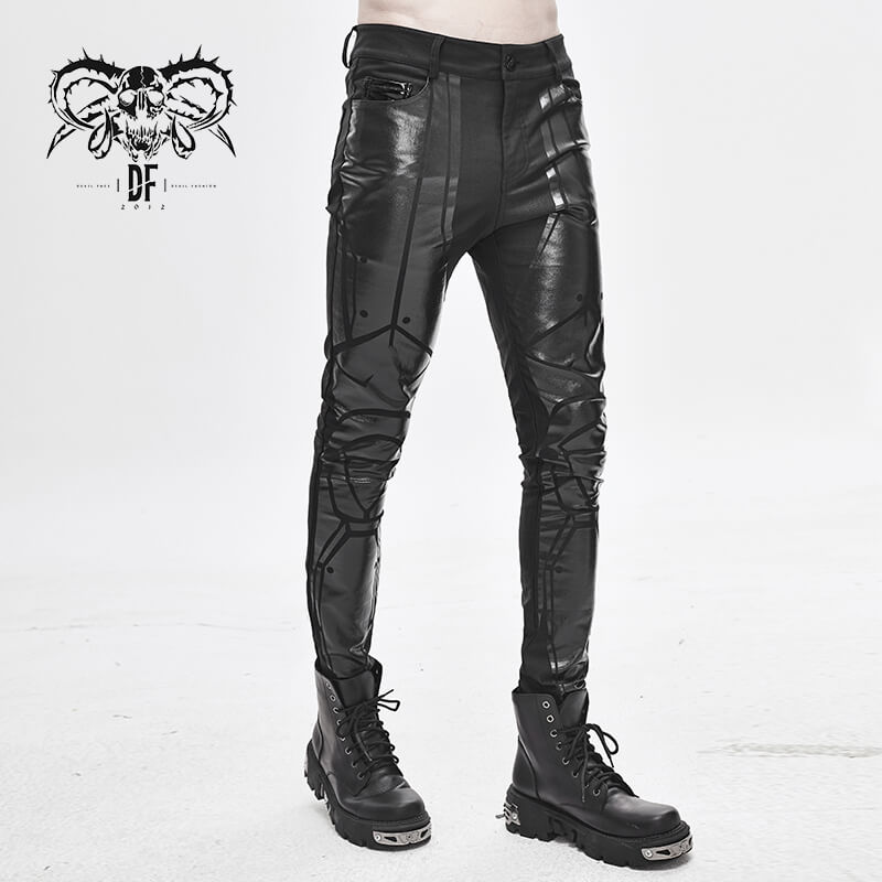 Men's black cyberpunk skinny trousers with stylish spliced stripes, perfect for a casual urban look.