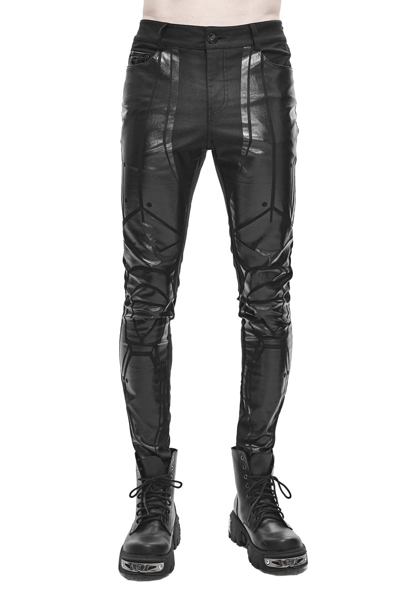 Men's black skinny trousers with spliced stripes, styled for a cyberpunk look, paired with black boots.