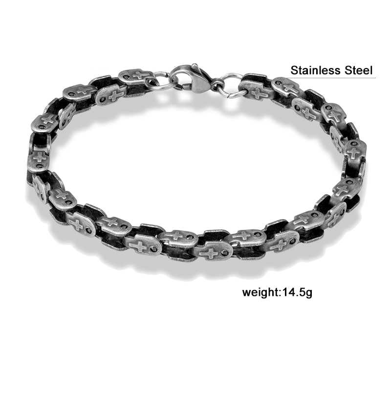 Men's punk style bracelet made of stainless steel, featuring a dark gray design with crosses, weighing 14.5g.