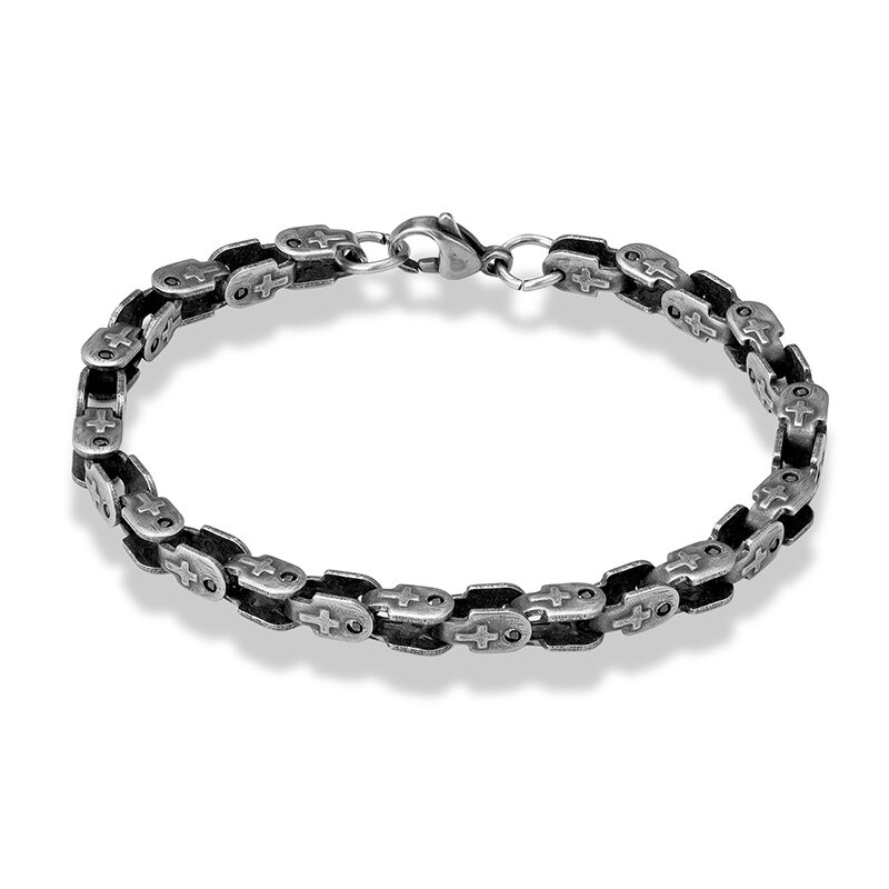 Men's punk style dark gray stainless steel bracelet with stylish cross design.