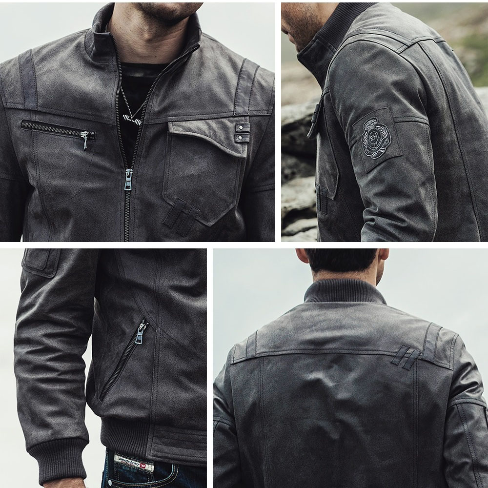 Men's vintage leather jacket featuring silver zippers and unique embroidery details in a stylish gray color.