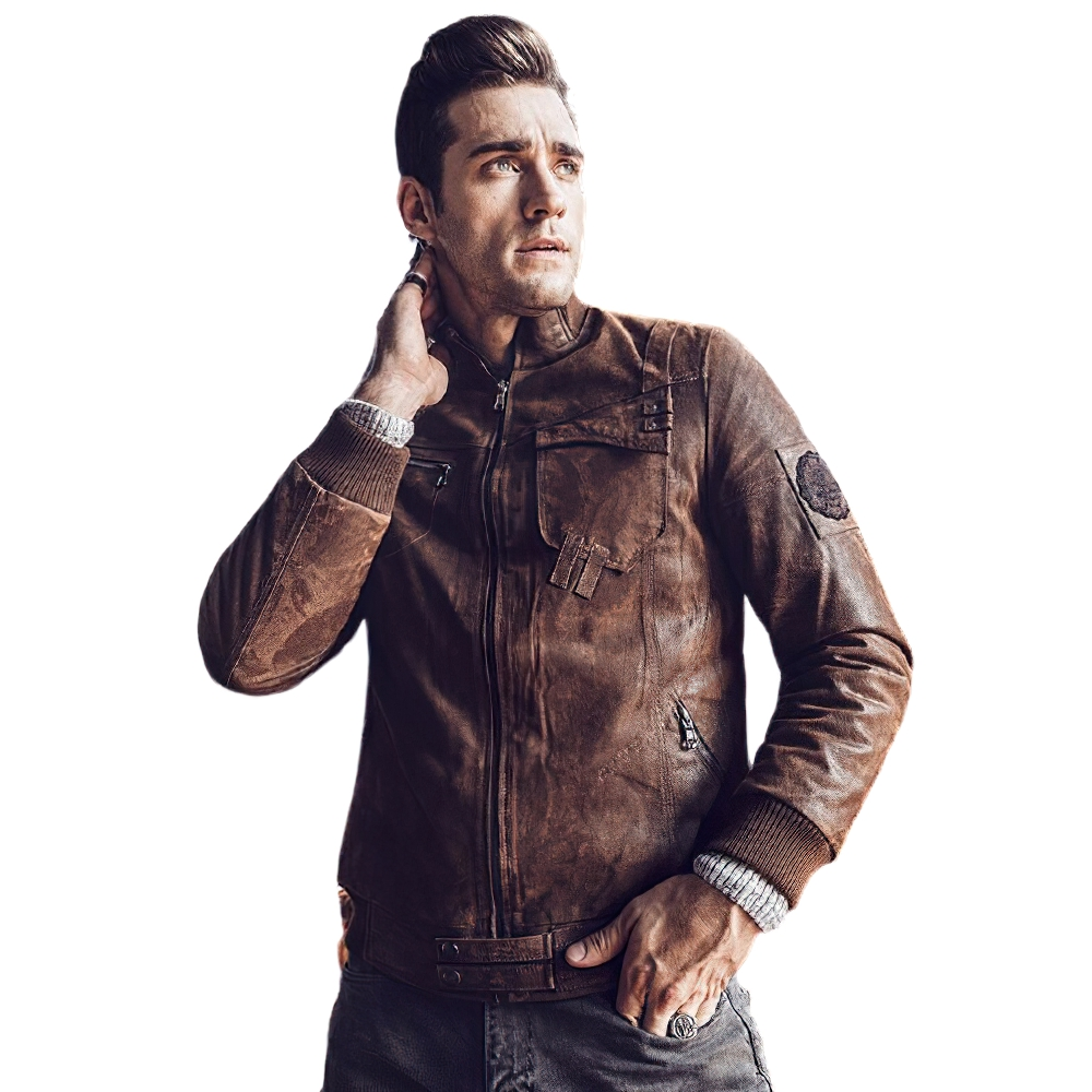 Men's vintage style leather jacket with silver zippers and classic design, perfect for motorcycle enthusiasts.