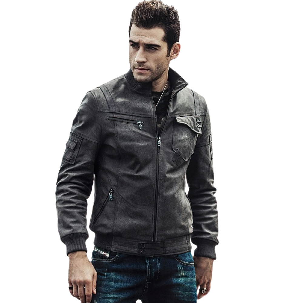 Men's vintage style leather jacket with silver zippers, perfect for motorcycle rides and trendy outfits.