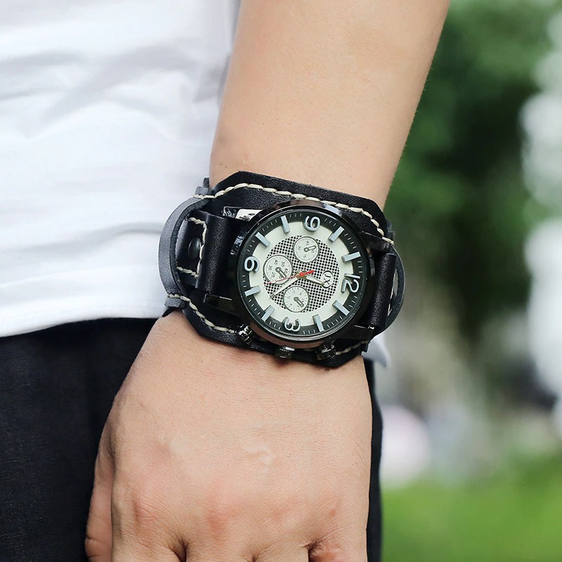 Men's retro rock style watch with quartz chronograph on leather band, showcasing a stylish design and comfortable fit.