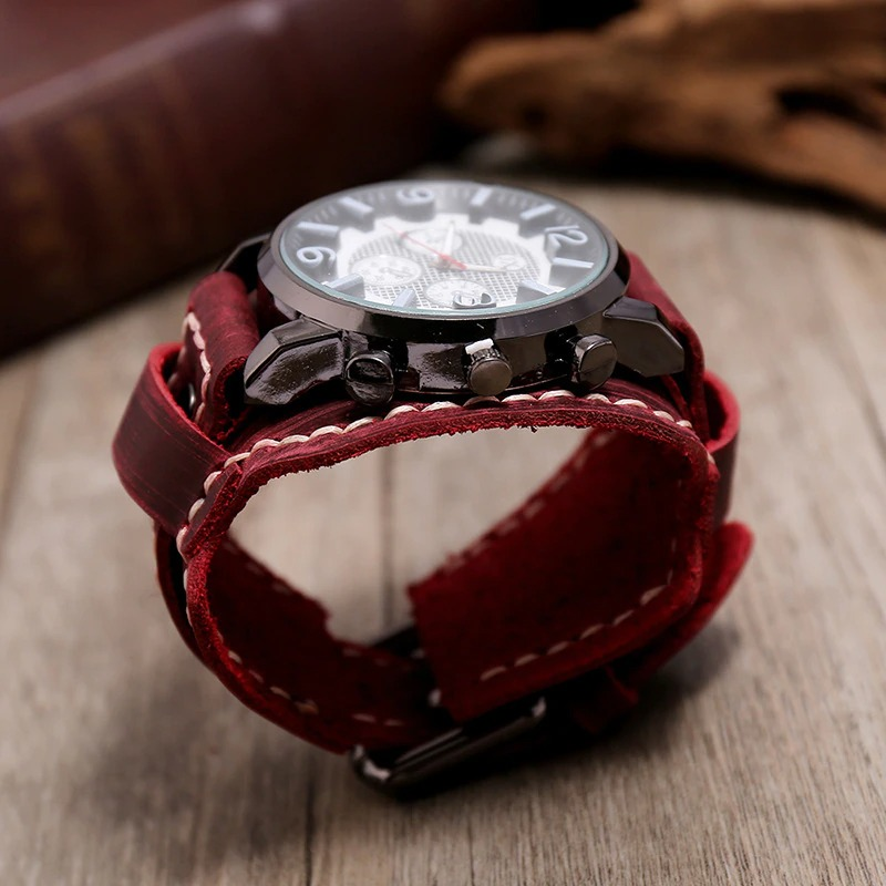 Men's retro rock style watch with quartz chronograph and vintage leather band in red. Elegant and stylish accessory.