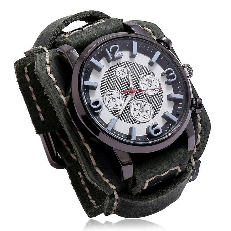 Men's retro rock style watch with quartz chronograph and vintage leather strap in dark green.