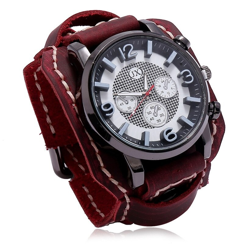 Men's retro rock style watch with quartz chronograph and vintage leather band in dark red.