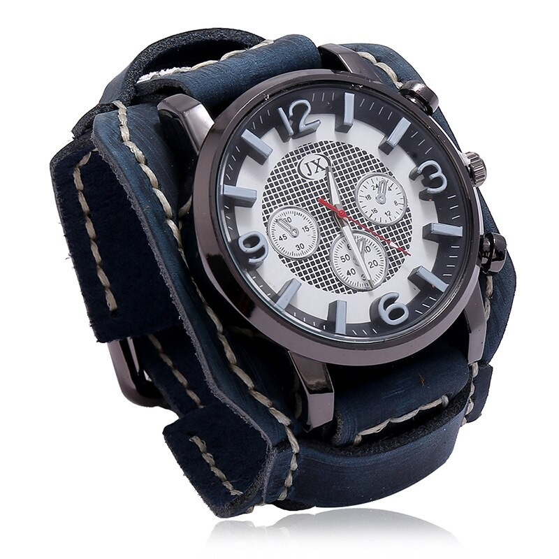 Men's retro rock style watch with quartz chronograph and vintage leather band in blue.