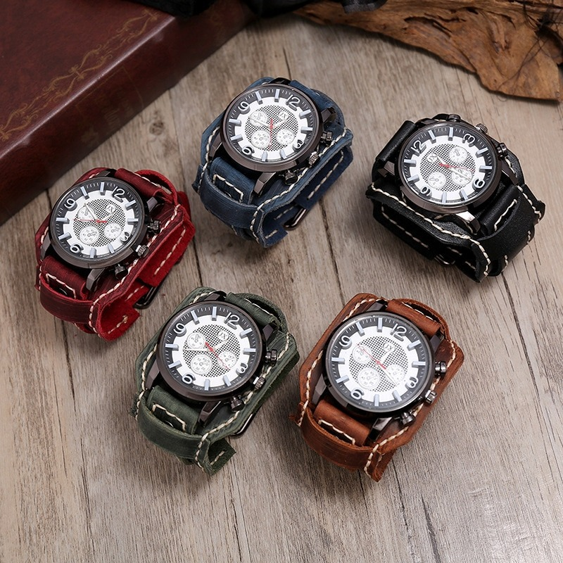 Men's retro rock style quartz watches on leather bands, featuring five colors: red, blue, black, green, and brown.