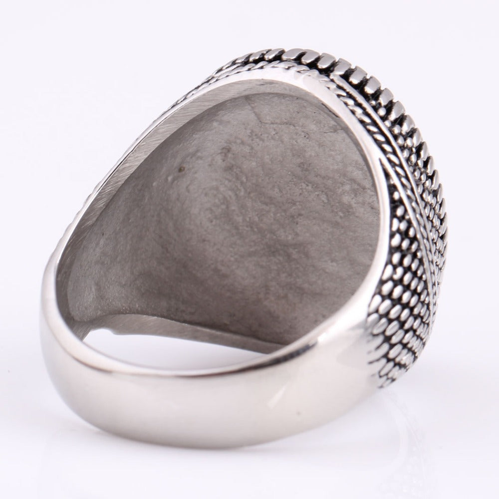 Vintage silver plated men's ring showcasing a unique black stone design, crafted from hypoallergenic stainless steel.