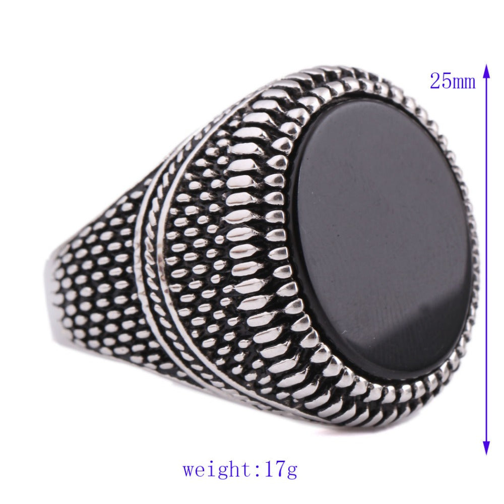 Men's Ring With Black Stone / 316L Stainless Steel Jewelry / Vintage Silver Plated Ring - HARD'N'HEAVY