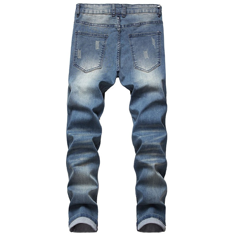 Men's Ripped Biker Jeans / Grunge Look Streetwear Pleated Stretch Denim Pencil Pants - HARD'N'HEAVY