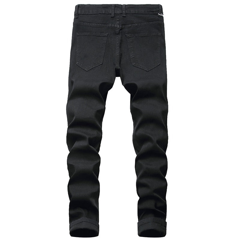 Men's Ripped Biker Jeans / Grunge Look Streetwear Pleated Stretch Denim Pencil Pants - HARD'N'HEAVY