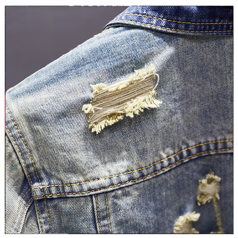 Men's Ripped Denim Jacket / Vintage Male Outerwear / Casual Motocycle Jackets with Pockets - HARD'N'HEAVY