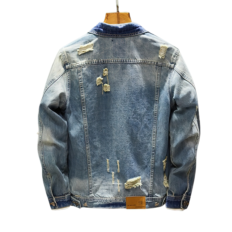 Men's Ripped Denim Jacket / Vintage Male Outerwear / Casual Motocycle Jackets with Pockets - HARD'N'HEAVY
