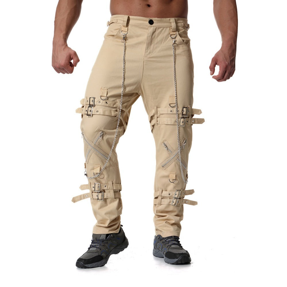 Men's rock cargo pants with chains, straps, and faux zippers for a stylish streetwear look.