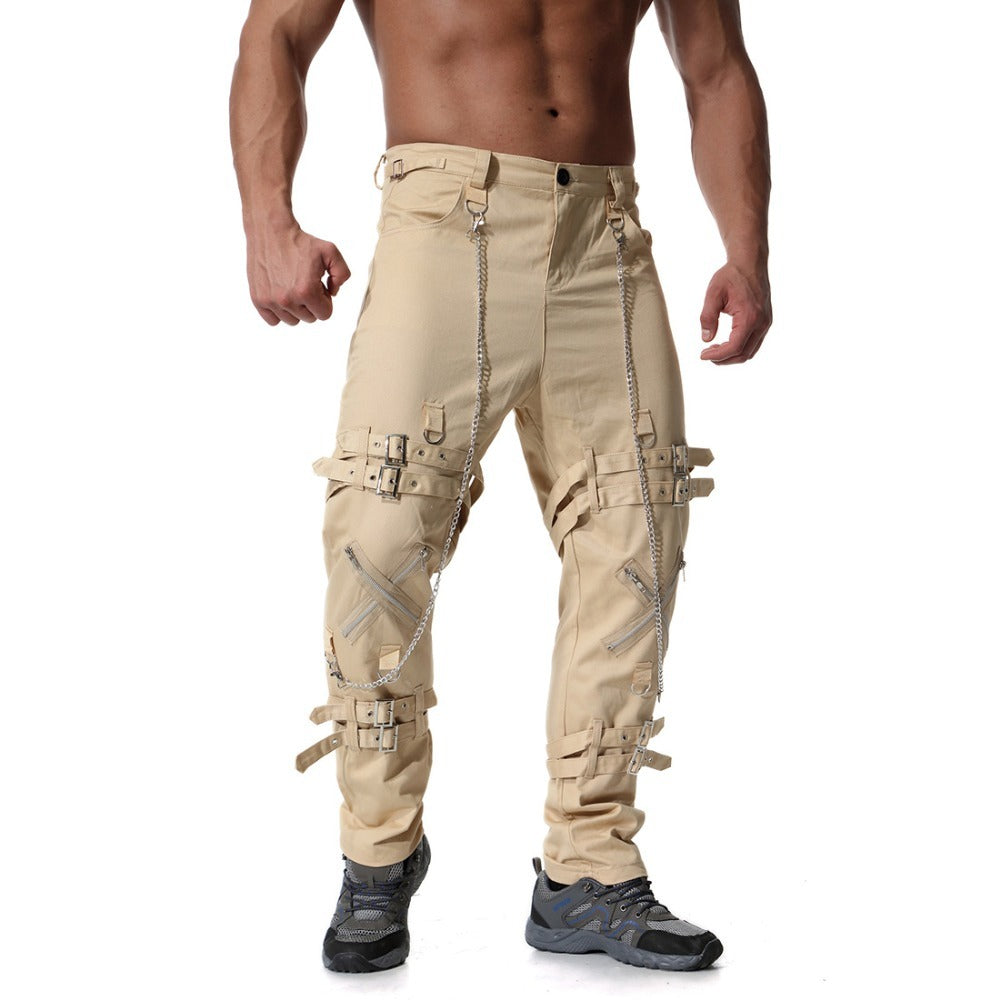 Men's rock cargo pants in beige with chains and straps, perfect for streetwear and vintage fashion.