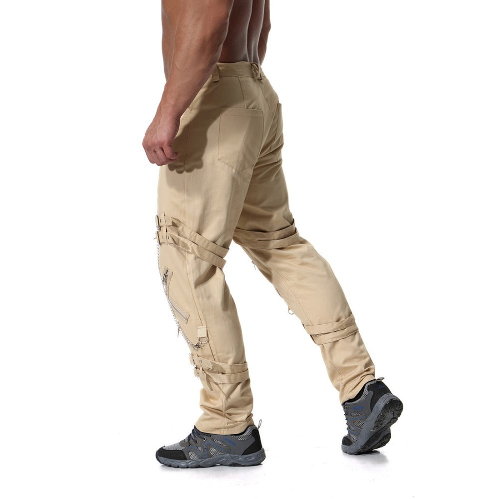 Men's rock cargo pants in beige with chains and straps, perfect for edgy streetwear fashion.