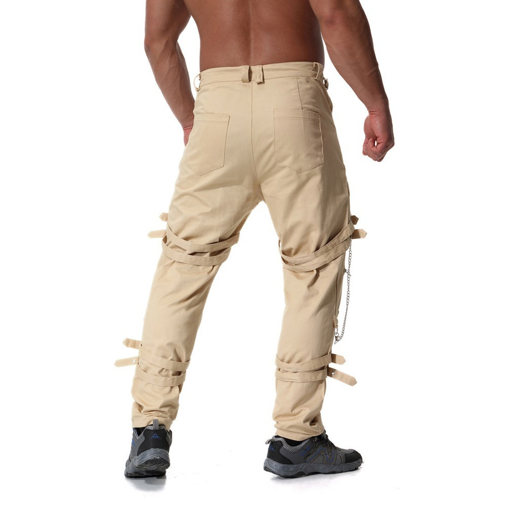 Men's rock cargo pants in beige with chains and straps, perfect for vintage streetwear style.