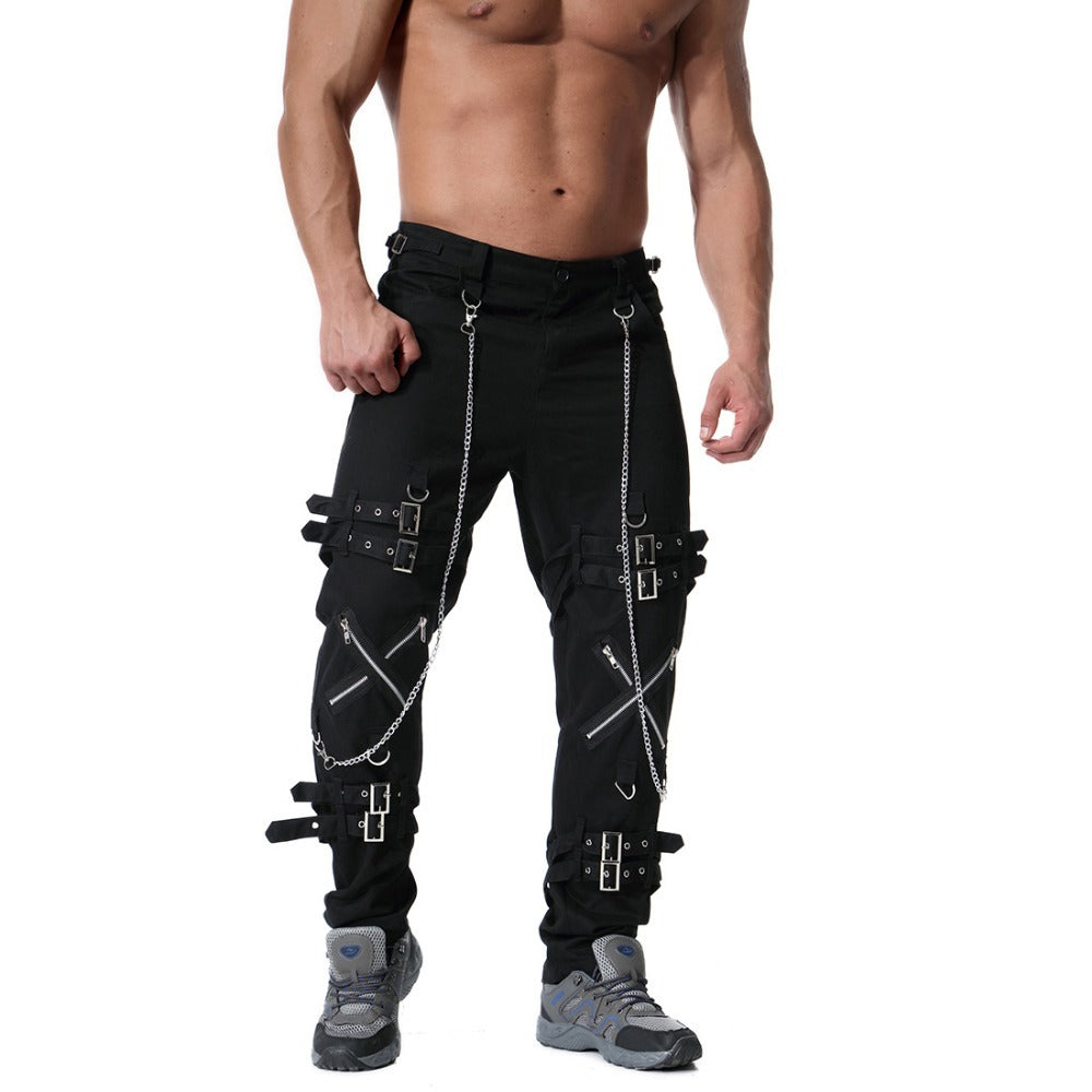 Men's black rock cargo pants with chains and straps, perfect for vintage fashion streetwear style.