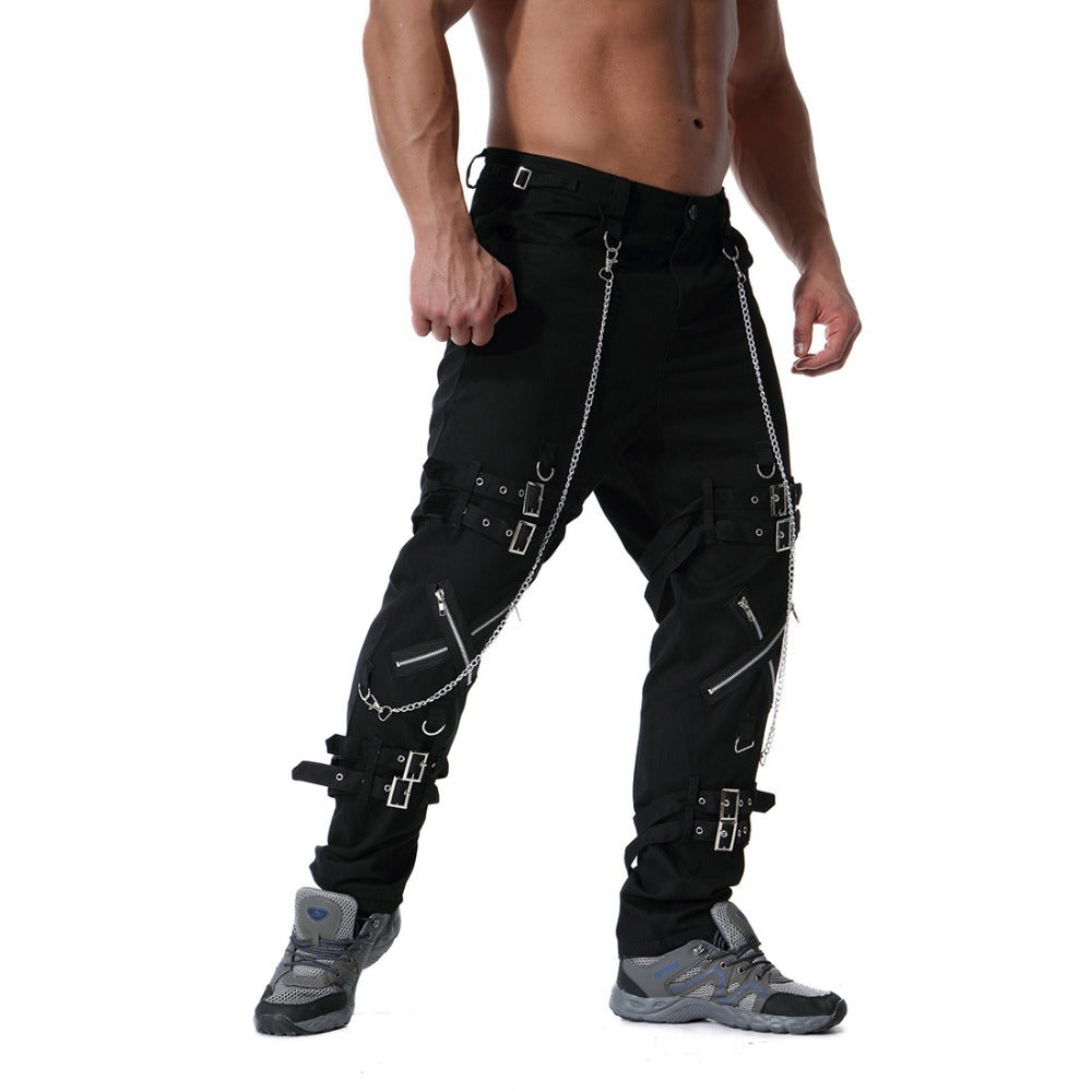 Men's rock cargo pants with chains and straps, featuring stylish faux zippers for edgy streetwear looks.