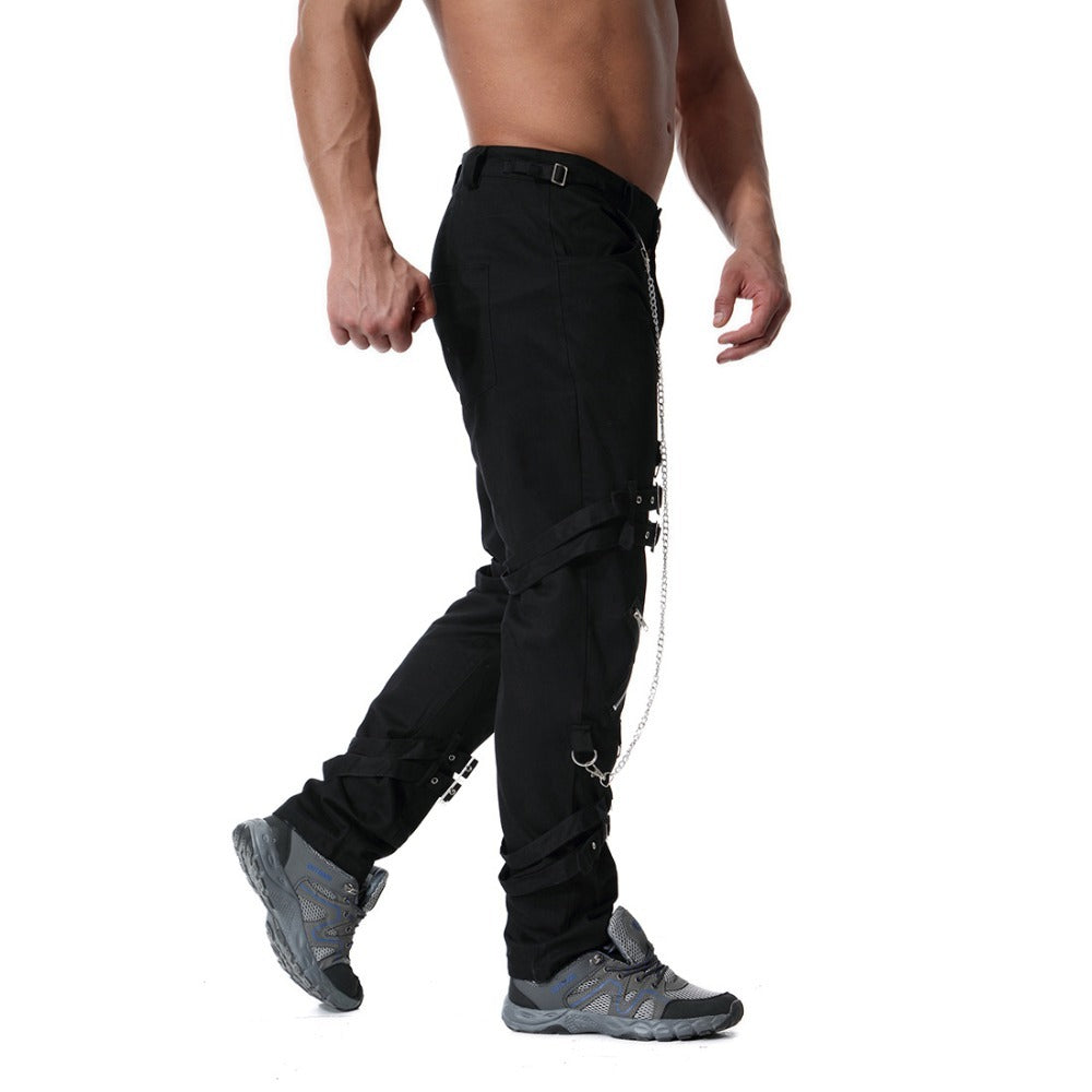 Men's rock cargo pants with chains and straps, perfect for streetwear and vintage fashion.