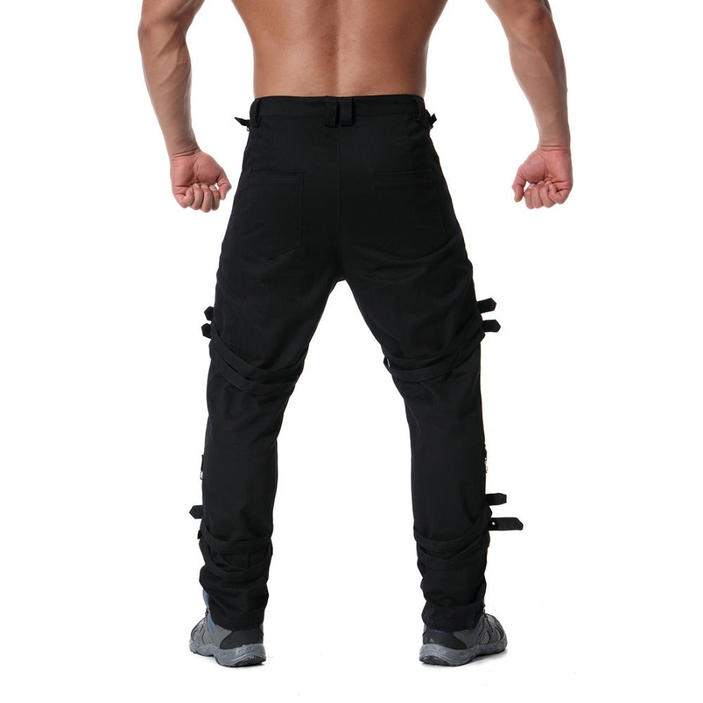 Men's rock cargo pants with chains and straps, showcasing a stylish back view in classic black.