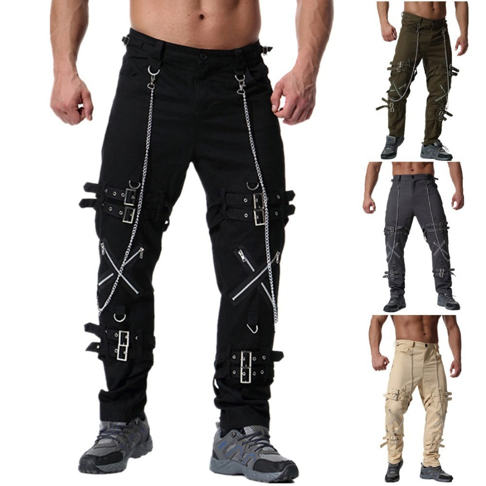 Men's rock cargo pants with chains and straps in multiple colors. Vintage fashion streetwear with fake zippers. Stylish and breathable.