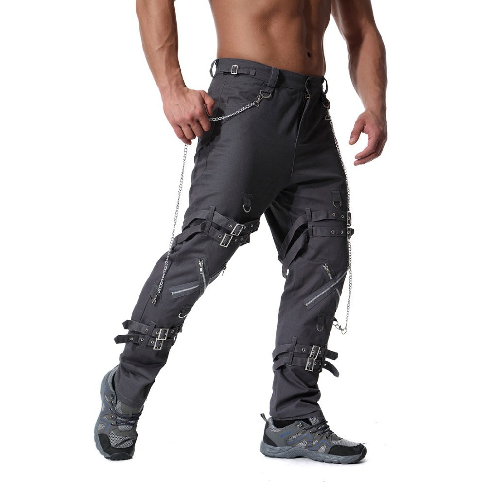 Men's rock cargo pants featuring chains, straps, and faux zippers for stylish vintage streetwear.
