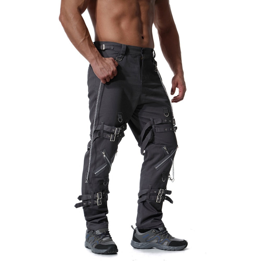 Men's rock cargo pants with chains, straps, and faux zippers for streetwear style.